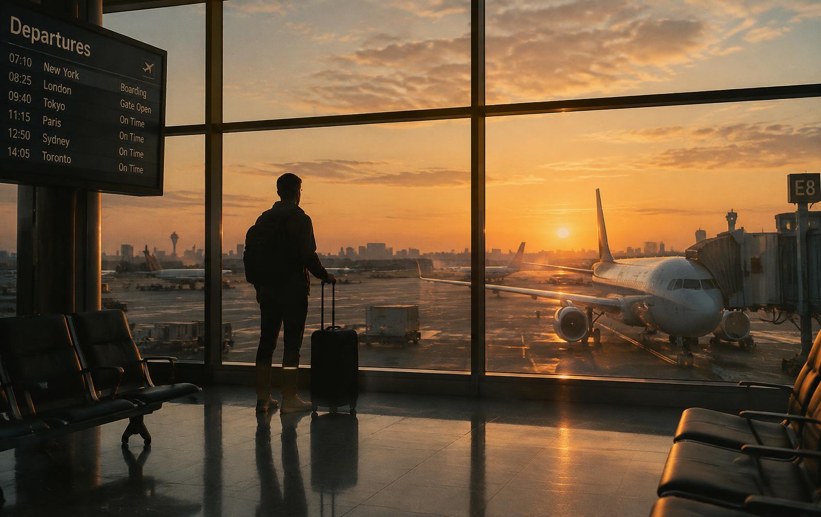 Viajante observando aviões em um terminal de embarque ao amanhecer