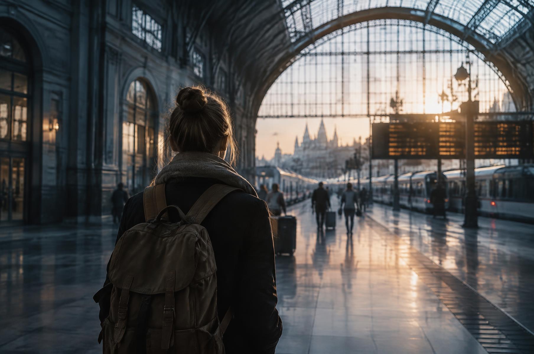 Estudante observando os caminhos de uma estação internacional