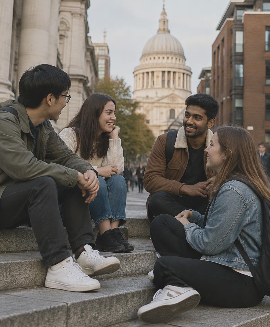 Estudantes internacionais conversando em uma escadaria na cidade
