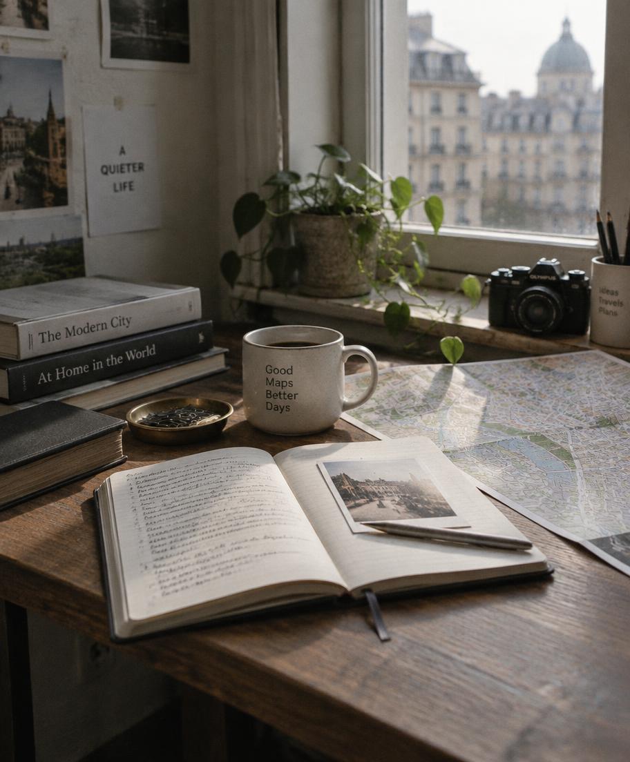 Caderno de anotações, mapa e café sobre uma mesa de estudo